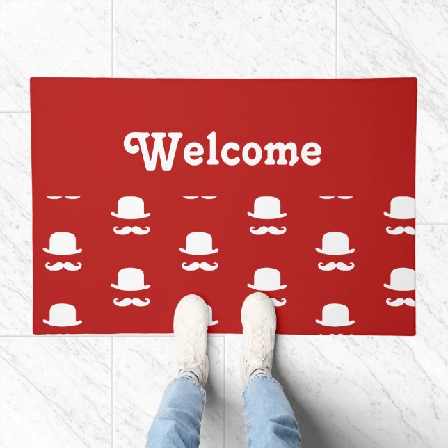 White hat and moustache silhouette red doormat (Indoor)