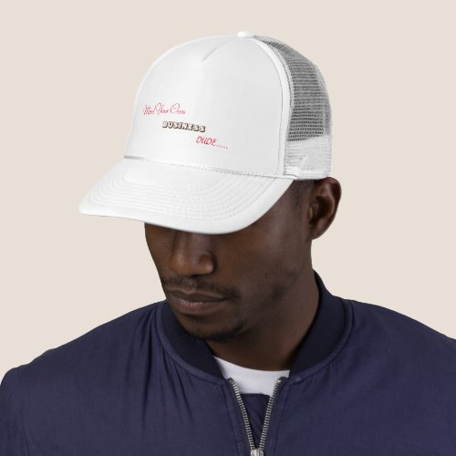 white hat with some text