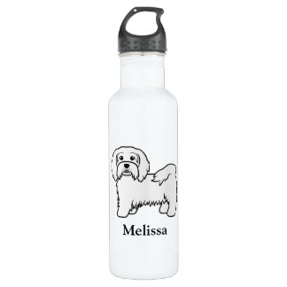 White Havanese Cartoon Dog Illustration &amp; Name Stainless Steel Water Bottle