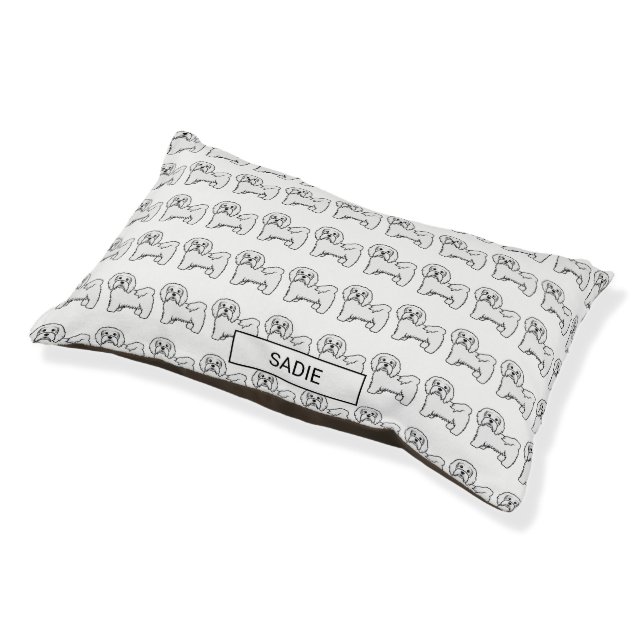 White Havanese Cute Cartoon Dog & Custom Name Pet Bed (Angled)