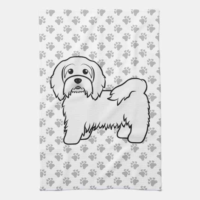White Havanese Cute Cartoon Dog Illustration Kitchen Towel (Vertical)