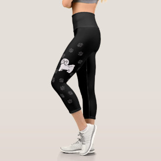 White Havanese Cute Cartoon Dog With Paw Prints Capri Leggings