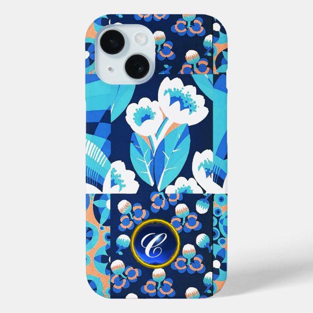 WHITE HAWAII BLUE FLOWERS BOLD FLORAL GEM MONOGRAM Case-Mate iPhone CASE (Back)