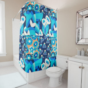 WHITE HAWAII BLUE FLOWERS BOLD FLORAL PATCHWORK SHOWER CURTAIN