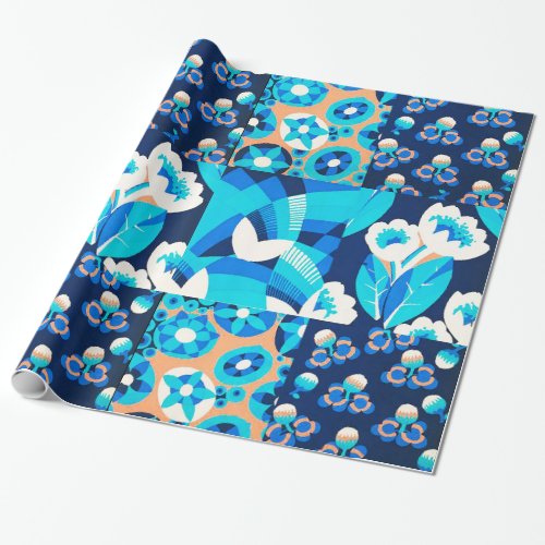 WHITE HAWAII BLUE FLOWERS BOLD FLORAL PATCHWORK WRAPPING PAPER