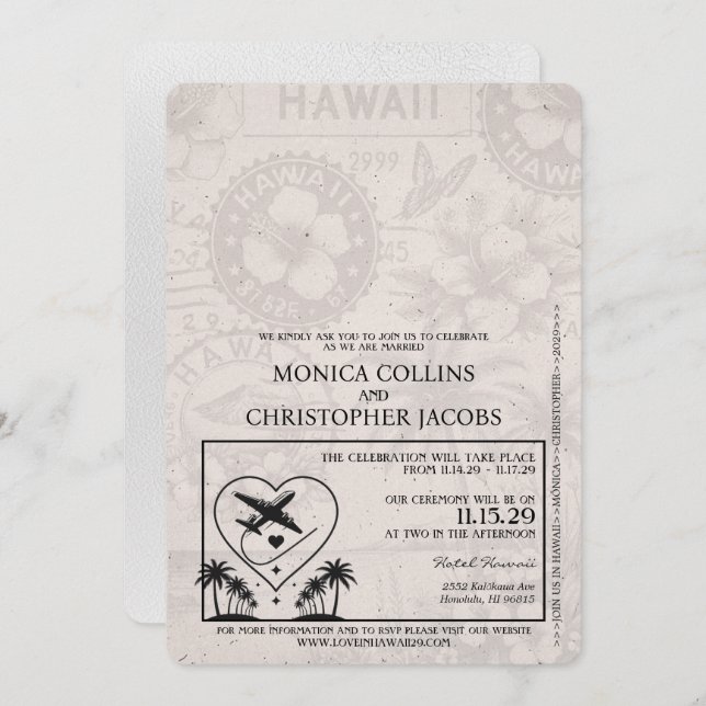 White Hawaii Passport Wedding Invitation (Front/Back)