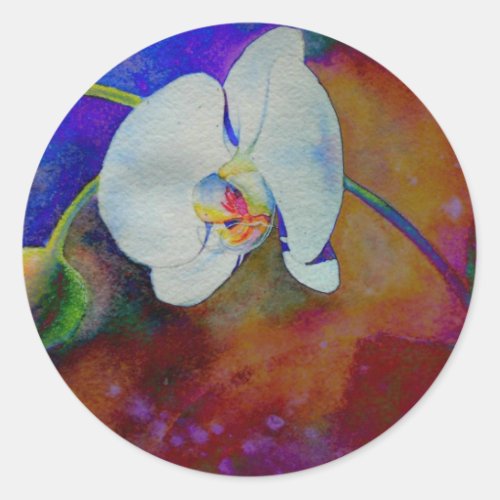 White Hawaiian orchid watercolor painting Classic Round Sticker