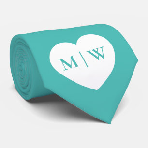 White heart Custom initials names Wedding on Teal Neck Tie
