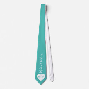 White heart Custom initials names Wedding on Teal Neck Tie