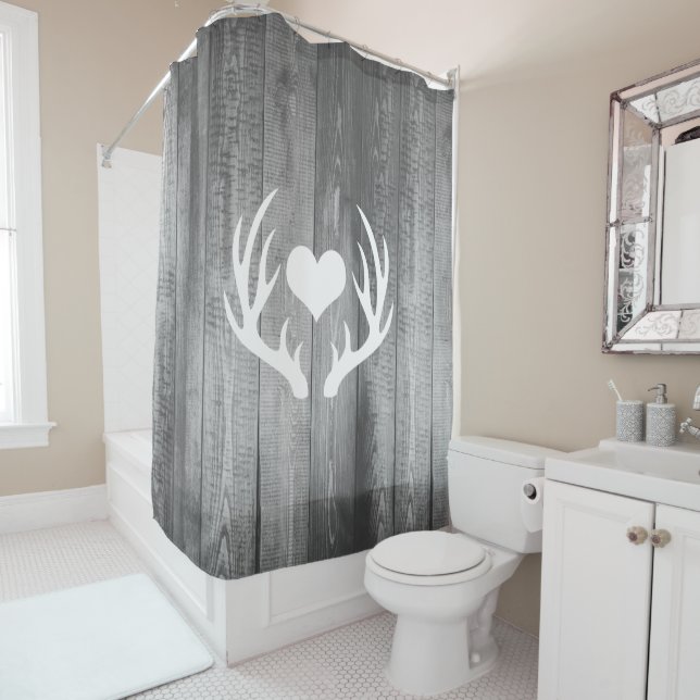 White Heart & Deer Antlers Gray Barn Wood Shower Curtain (In Situ)