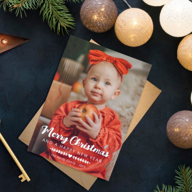 White Heart Greenery Photo Merry Christmas Holiday Card (Creator Uploaded)