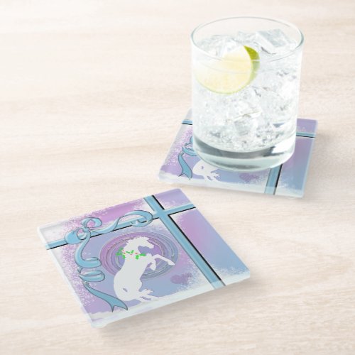 White Heart Horses V Holiday PinkLav SwirlWind Glass Coaster