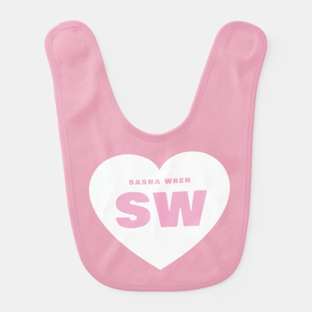 White Heart Monogram Newborn Pink Custom baby girl Bib (Front)
