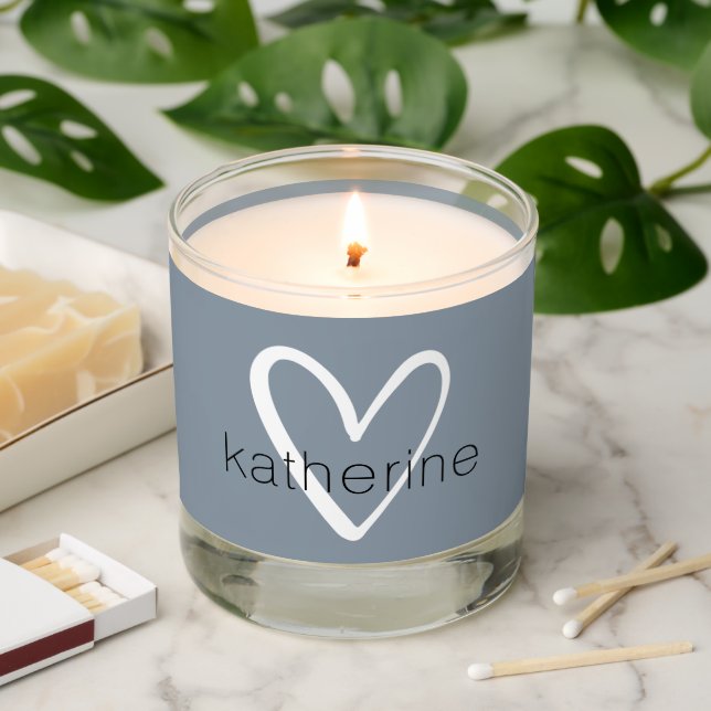 White Heart on Dusty Blue Monogram Scented Candle (Lit)