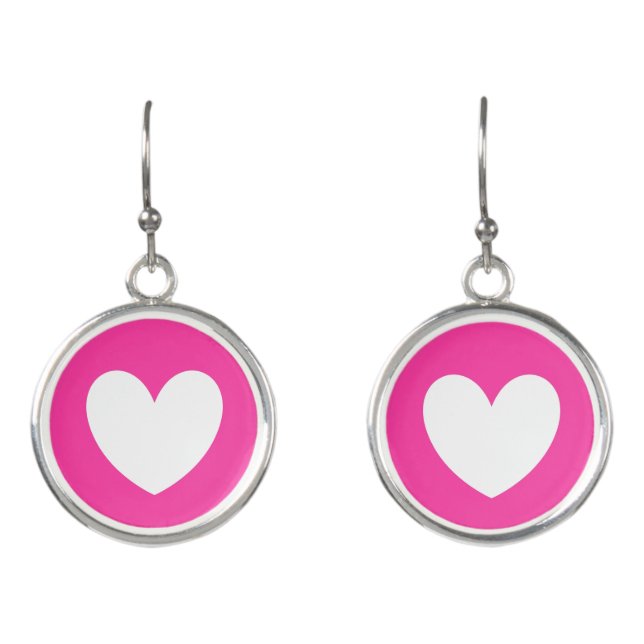 White heart on fuchsia pink earrings (Front)