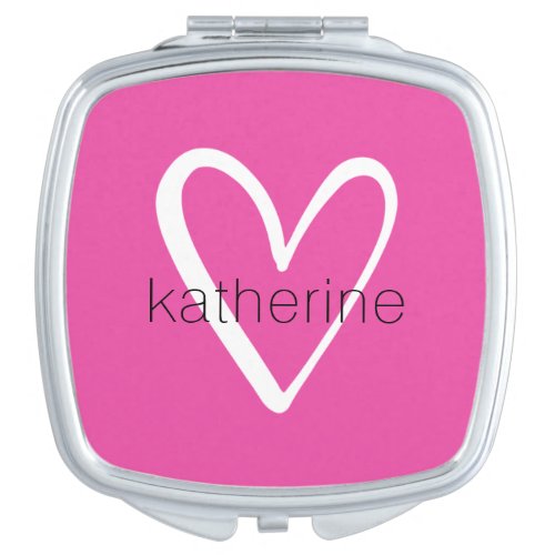 White Heart on Hot Pink Monogram Compact Mirror