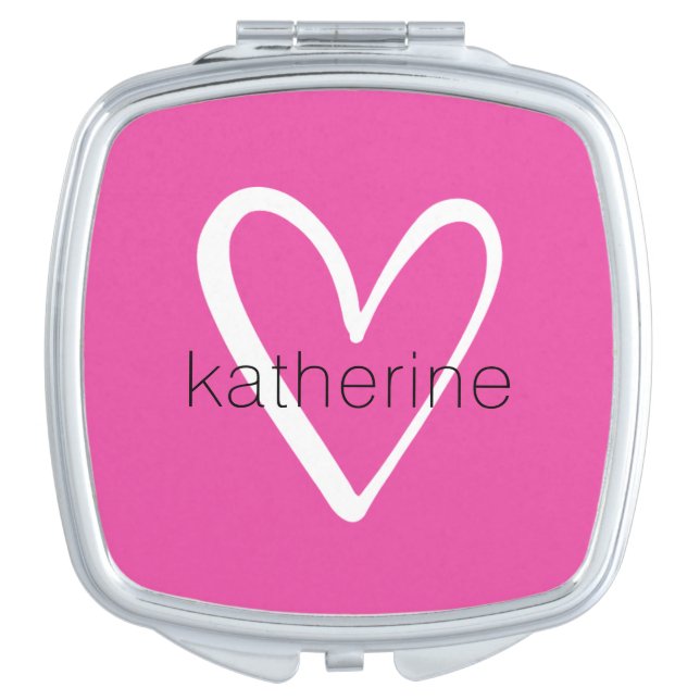 White Heart on Hot Pink Monogram Compact Mirror (Front)