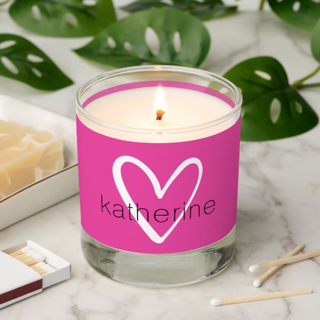White Heart on Hot Pink Monogram Scented Candle (Lit)