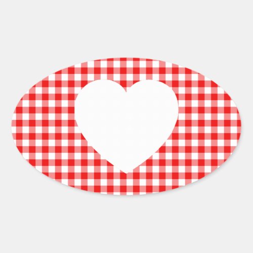 White Heart on Red Gingham Oval Sticker