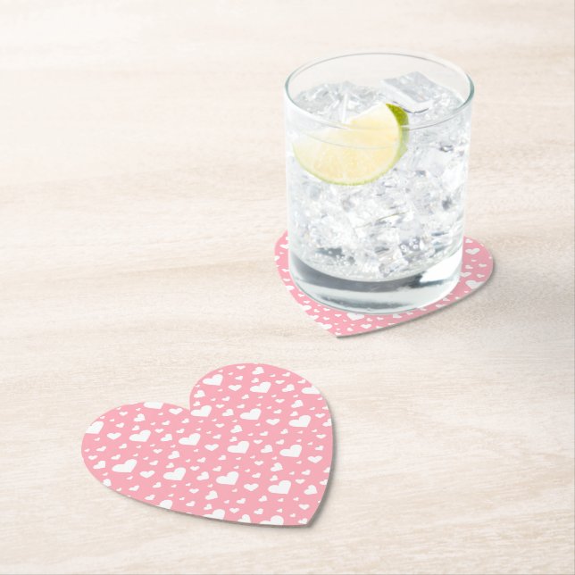 White Heart Pattern On Pink Paper Coaster (Insitu)