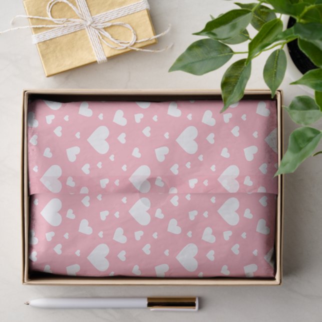 White Heart Pattern On Pink - Valentine's Day Tissue Paper (Gift)