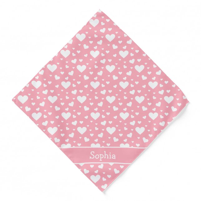 White Heart Pattern On Pink With Custom Name Bandana (Front)