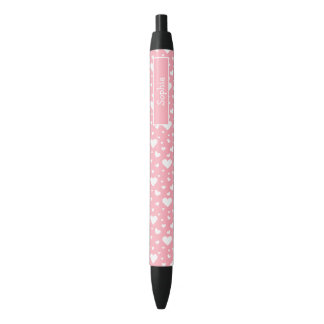White Heart Pattern On Pink With Custom Name Black Ink Pen