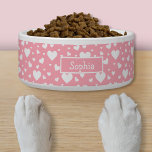 White Heart Pattern On Pink With Custom Name Bowl<br><div class="desc">Destei's simple pattern of white color hearts in different sizes on a pink background color. There is also a personalizable text area for a name.</div>