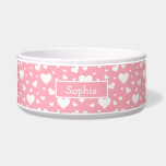 White Heart Pattern On Pink With Custom Name Bowl<br><div class="desc">Destei's simple pattern of white color hearts in different sizes on a pink background color. There is also a personalizable text area for a name.</div>