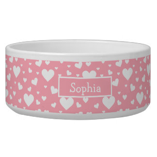 White Heart Pattern On Pink With Custom Name Bowl
