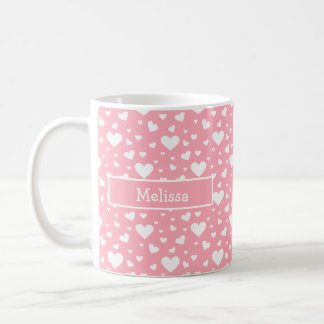 White Heart Pattern On Pink With Custom Name Coffee Mug