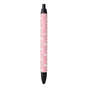 White Heart Pattern On Pink With Custom Name Pen