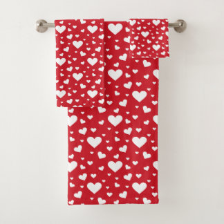White Heart Pattern On Red Bath Towel Set