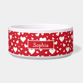 White Heart Pattern On Red With Custom Name Bowl