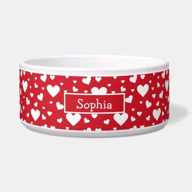 White Heart Pattern On Red With Custom Name Bowl (Front)