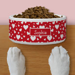 White Heart Pattern On Red With Custom Name Bowl<br><div class="desc">Destei's simple pattern of white color hearts in different sizes on a red background color. There is also a personalizable text area for a name.</div>