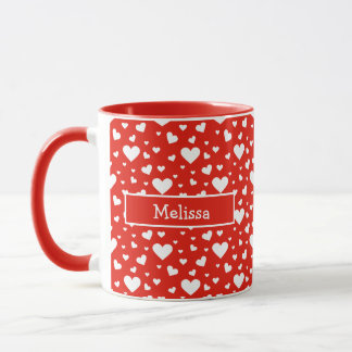 White Heart Pattern On Red With Custom Name Mug