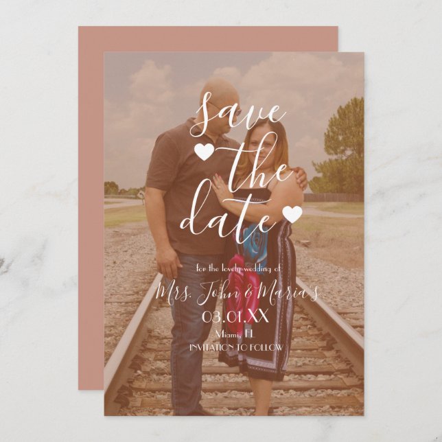 White Heart Script Photo Save the Date  Invitation (Front/Back)