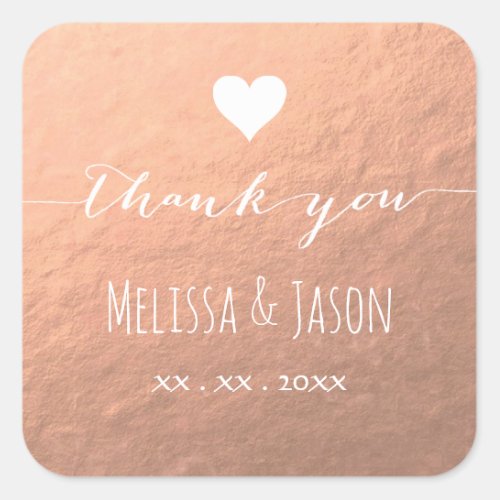 white heart thank you wedding on rose gold square sticker