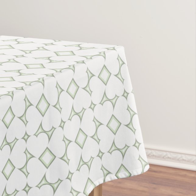 White hearts and gray green diamond pattern tablec tablecloth (In Situ)