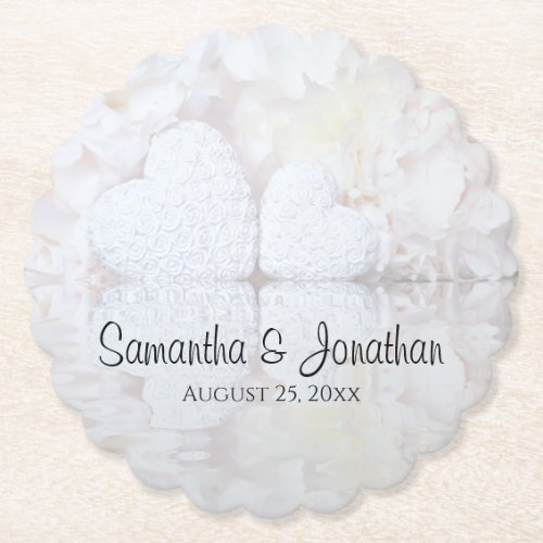 White Hearts and Peony Flowers Wedding Paper Coaster