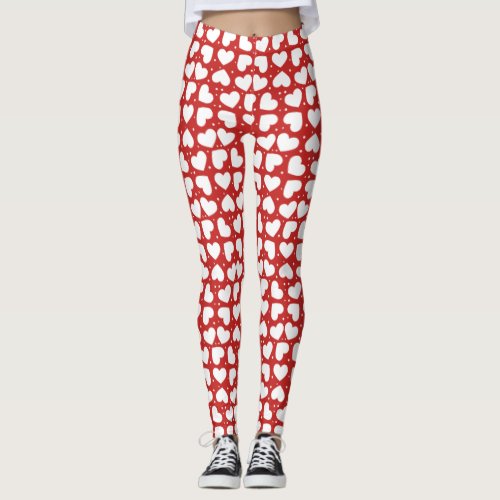 White Hearts and Polka Dots On Red Leggings