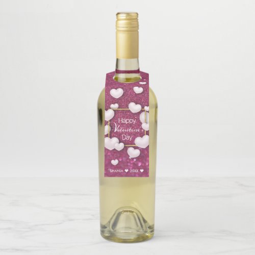 White Hearts Burgundy Glitter Valentines Day Bottle Hanger Tag