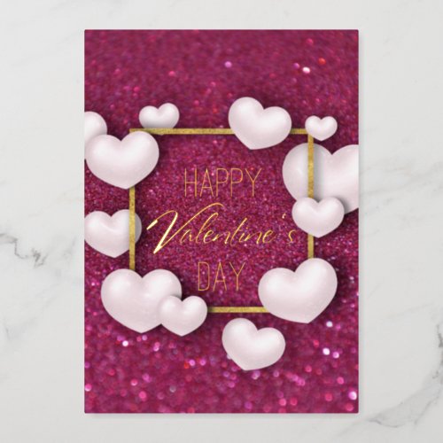 White Hearts Burgundy Glitter Valentines Day Foil Holiday Card