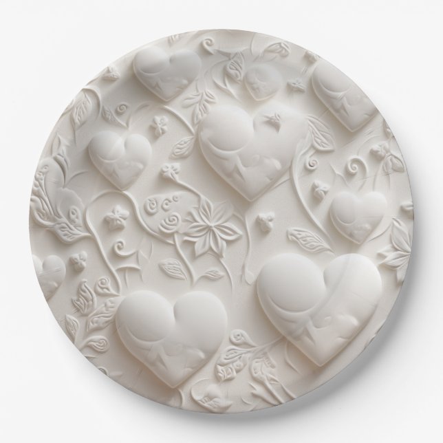 White Hearts (Embossed Look)  Paper Plates (Front)