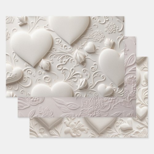 White Hearts Embossed Look  Wrapping Paper Sheets