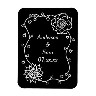 White Hearts & Flowers on Black Save Date Magnets