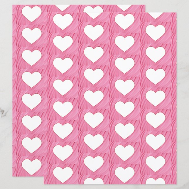 White hearts on abstract pink scrapbook paper (Front/Back)