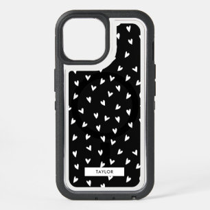 White Hearts on Black Monogram Name  iPhone 15 Case