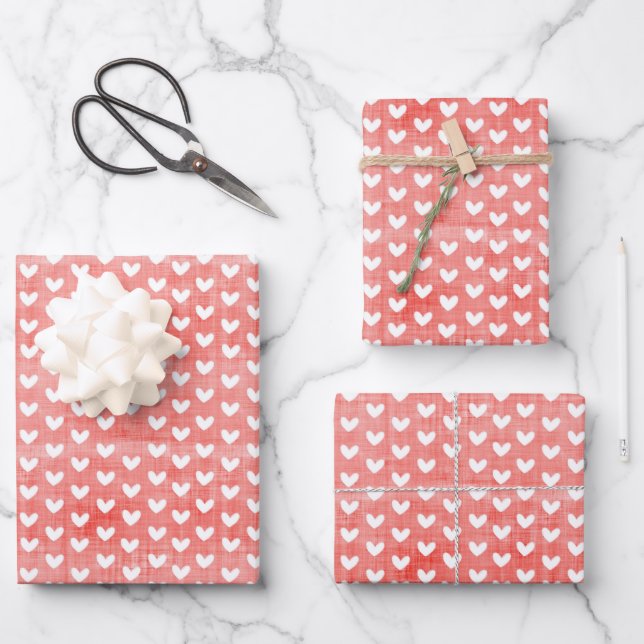 White Hearts on Bright Red Linen Wrapping Paper Sheets (Front)
